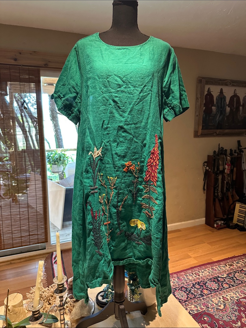 Embroidered Green Linen Tunic Dress
